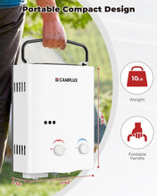 Load image into Gallery viewer, CAMPLUX 5L Portable Tankless Water Heater, 1.32 GPM Outdoor Propane Shower for Camping, RV, Off-Grid, Instant Hot Water with Folding Handle, Overheat Protection, Low Pressure Startup, AY132, White