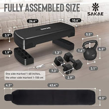 Load image into Gallery viewer, Adjustable Exercise Stepper Kit with Dumbbells & Kettlebell & Weightlifting Belt & Measuring Tape, 2 Level Risers Aerobics Step Platform for Home Gym Exercise Fitness Workout, Black