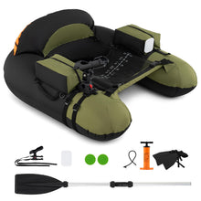 Load image into Gallery viewer, Goplus Inflatable Float Tube, Fishing Belly Boat with Fish Ruler, Pump, Storage Bag, Adjustable Straps, Fishing Float Tube for Angling, 350LBS Load Capacity (Green+Grey, Thickened,W/Rod Holder)