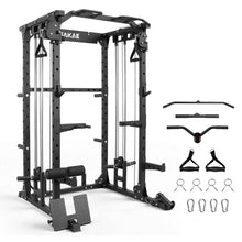Load image into Gallery viewer, SAKAE Squat Rack, Multi-Function Power Cage with Adjustable Cable Crossover System for Strength Training, Power Rack with LAT Pulldown, Pull-Up Bar, Dip Bars & Training Attachments