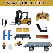 Load image into Gallery viewer, Remote Control Forklift with Flatbed Truck, 11 Channel RC Forklifts with Spray, Cool Lights & Sound, 2 in 1 Lift Fork & Hook, Crane Construction Toys