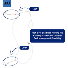 Load image into Gallery viewer, UMT Sea Bass Hi/Lo Saltwater Fishing Rigs 10 Pack, 3/0 Bait Hook, 60lb Heavy Duty Mono, 80lb Swivel & Sinker Loop, Hand Tied for Fluke Porgy Snapper Croaker Sea Trout Tautog Spot Pompano