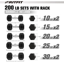 Load image into Gallery viewer, RITFIT Rubber Hex Dumbbells Set with Rack, 180-780LB Heavy-Duty Cast Iron Core, Knurled Chrome Handle, Space-Saving Storage Rack for Home Gym Strength Training