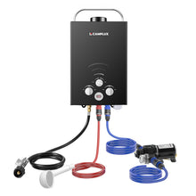 Load image into Gallery viewer, CAMPLUX Portable Water Heater,1.58 GPM Propane Water Heater Outdoor,41,000 BTU Camping Water Heater with 1.6 GPM Water Pump Pack,BW158BP60, Black
