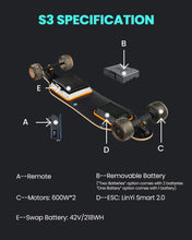Load image into Gallery viewer, Electric Skateboards 1 Battery, S3 Electric Longboard with Remote and 10S2P 42V Swappable Battery/28 Mph Top Speed