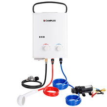 Load image into Gallery viewer, CAMPLUX Portable Propane Water Heater & Pump Kit, 1.32 GPM Tankless Gas Shower System with 12V Pump, Long Power Cables & Extension Hoses, Instant Hot Water for Off-Grid Camping, RV, AY132P43, White