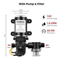 Load image into Gallery viewer, CAMPLUX Portable Water Heater,1.58 GPM Propane Water Heater Outdoor,41,000 BTU Camping Water Heater with 1.6 GPM Water Pump Pack,BW158BP60, Black