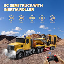 Load image into Gallery viewer, Fistone RC Semi Truck with Trailer, 1:24 RC Semi-Trailer Engineering Tractor with Sound and Lights, 2.4Ghz Remote Control Flatbed Truck with Road Roller Toys, Construction Vehicles Toy for Boys