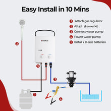 Load image into Gallery viewer, CAMPLUX Portable Propane Water Heater & Pump Kit, 1.32 GPM Tankless Gas Shower System with 12V Pump, Long Power Cables & Extension Hoses, Instant Hot Water for Off-Grid Camping, RV, AY132P43, White