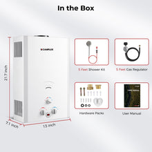 Load image into Gallery viewer, CAMPLUX 2.64 GPM Propane Portable Gas WaterHeater, 68,000 BTU Outdoor Tankless CampingWater Heater with Digital Display, White,BW264