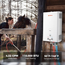 Load image into Gallery viewer, CAMPLUX Outdoor Tankless Water Heater Propane, 4.22 GPM Propane Tankless Water Heater, 16L Outdoor Water Heater for Camping, Remote Cabins, Tiny House & Mobile Home, 110,000 BTU, BW422