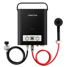 Load image into Gallery viewer, Propane Tankless Water Heater, 5L 1.32 GPM Outdoor Portable Gas Instant Hot Water Heater with Digital Display Overheating Protection, for Camping Barn Cabin RV Black