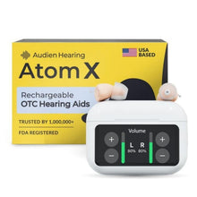 Load image into Gallery viewer, Audien Atom X Hearing Aid For Seniors & Adults with Hearing Loss - Noise Cancelling, Rechargeable OTC Bluetooth Hearing Aids w/Charging Case, 48+ Hour Battery Life, Touchscreen Control, Nearly Invisible Design