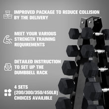 Load image into Gallery viewer, RITFIT Rubber Hex Dumbbells Set with Rack, 180-780LB Heavy-Duty Cast Iron Core, Knurled Chrome Handle, Space-Saving Storage Rack for Home Gym Strength Training