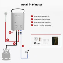 Load image into Gallery viewer, CAMPLUX Portable Tankless Water Heater, 1.32 GPM 5L Propane Water Heater for Camping, RV & Off-Grid, Instant Outdoor Hot Water Shower System with Gas Regulator, Battery Powered, AY132G, Gray