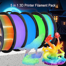 Load image into Gallery viewer, 1.75mm PLA 3D Printer Filament Bundle: Glow in Dark Green/Blue/Purple/Rainbow, One Spool Clear Multi Colored, Each Spool 250g, Total 1.25Kg 3D Printing Material, 250g x 5 Spools Glow in Dark PLA