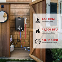 Load image into Gallery viewer, CAMPLUX Portable Water Heater,1.58 GPM Propane Water Heater Outdoor,41,000 BTU Camping Water Heater with 1.6 GPM Water Pump Pack,BW158BP60, Black