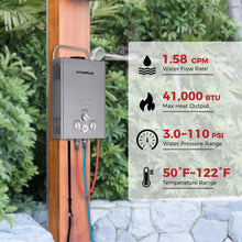 Load image into Gallery viewer, CAMPLUX Portable Tankless Water Heater 1.58 GPM, BW158G Propane Gas Shower for Camping, RV, Pet Washing, 41,000 BTU Outdoor Hot Water System, Battery Operated, Gray