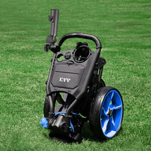 Load image into Gallery viewer, KVV 3 Wheel Foldable/Collapsible Golf Push Cart Ultra Lightweight Smallest Folding Size, New-Version Scorecard Holder Free Umbrella Holder Included(Black/Blue)