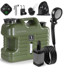 Load image into Gallery viewer, Portable Camping Shower with 5 Gallon Water Jug, 6000mAh Rechargeable Outdoor Camping Shower Kit, IPX7 Waterproof Pump BPA Free Water Containers Camp Essentials Green