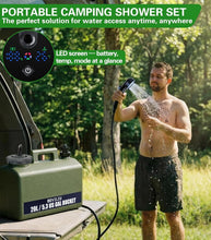 Load image into Gallery viewer, Beviliu Portable Camping Shower with 5 Gallon Food Grade Jug, 6000mAh Rechargeable Pump, Dog Shower Brush, IPX8 Waterproof Portable Shower for Camping, Beach, RVs, Dog Washing - Shower Max