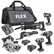 Load image into Gallery viewer, FLEX 24V Brushless Cordless 6-Tool Combo Kit: Hammer Drill, Hex Impact Driver, Circular Saw, Multi-Tool, Reciprocating Saw, Work Light with 2.5Ah, 5.0Ah Lithium Batteries and 160W Charger - FXM601-2B