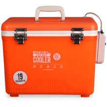Load image into Gallery viewer, Engel 19qt Live Bait Cooler Box with 2nd Gen 2-Speed Aerator Pump - Portable Fishing Station & Minnow Bucket for Shrimp & Other Live Fish with Aerator - ENGLBC19-N-OHV in Orange High-Visibility