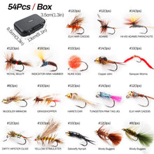 Load image into Gallery viewer, Fly Fishing Flies Trout Assortment 54pcs Dry Nymph Flys Sanjuan Worms Salmon Eggs Wooly Buggers for River Rainbow Trouts