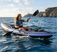 Load image into Gallery viewer, Nuwani 9ft Inflatable Fishing Kayak, 1-Person Foldable Boat, 220lb Capacity with Aluminum Oars, High Output Pump, Adjustable Seat, Removable Fins, Cargo Net for Adults, Lakes, Rivers and Fishing
