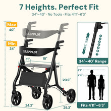 Load image into Gallery viewer, StepPilot Zero Wobble Rollator Walker with Seat for Seniors, 350lb Capacity, 18" Extra Wide Seat, 8" Wheels & Dual Brake, One-Hand Folds to 9.6", 7-Level Handle Adjustable, Cup Holder & Cane Clip