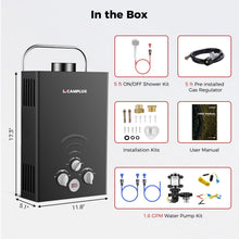 Load image into Gallery viewer, CAMPLUX Portable Water Heater,1.58 GPM Propane Water Heater Outdoor,41,000 BTU Camping Water Heater with 1.6 GPM Water Pump Pack,BW158BP60, Black