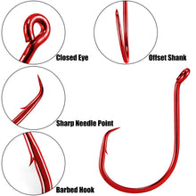 Load image into Gallery viewer, Dr.Fish 100 Pack Octopus Circle Hooks, Saltwater & Freshwater Fishing Hooks, #8-#10/0, Offset, Catfish, Tuna, Striper, Snapper, Bass Fishing Red 10/0