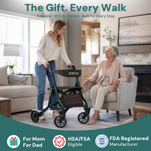 Load image into Gallery viewer, StepPilot Zero Wobble Rollator Walker with Seat for Seniors, 350lb Capacity, 18" Extra Wide Seat, 8" Wheels & Dual Brake, One-Hand Folds to 9.6", 7-Level Handle Adjustable, Cup Holder & Cane Clip