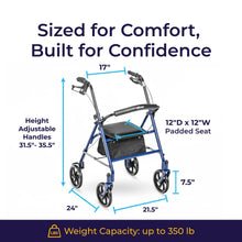 Load image into Gallery viewer, Drive Medical Rollator Walker with Seat - Stable Mobility Support - Height Adjustable - Durable Steel Frame Construction - Smooth 7.5" Wheels - Foldable - 350 Lb Limit - Blue
