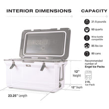 Load image into Gallery viewer, ENGEL 60 QT Ultra-Light Injection Molded Cooler - Ice Chest Keeps Ice up to 7 Days - Large Cooler Includes Wire Basket, Divider and Built-in Bottle Opener - White with Dark Grey Interior (White)