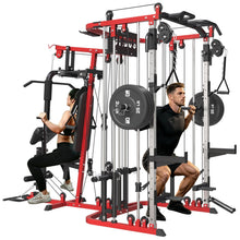 Load image into Gallery viewer, FAGUS H All in One Home Gym System Workout Station, Multi-Function Smithe Machine Power Cage with Cable Crossover-Black Red