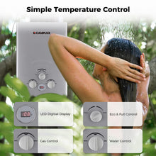 Load image into Gallery viewer, CAMPLUX Portable Tankless Water Heater 1.58 GPM, BW158G Propane Gas Shower for Camping, RV, Pet Washing, 41,000 BTU Outdoor Hot Water System, Battery Operated, Gray