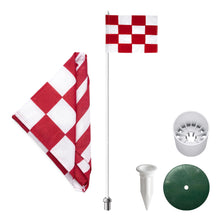 Load image into Gallery viewer, Regulation flagstick, cup & pin flag to use in your backyard or other open space for practice. Use the same products as used by golf courses all over the world and on tour. (Red and White Checkered)