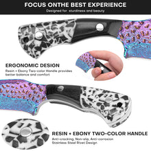 Load image into Gallery viewer, Premium Hunting Knife with Leather Sheath, 4.2" Damascus Style Fixed Blade Knife, Rainbow Titanium Coated German High Carbon Steel, Two-Tone Wood Handle,Unique Outdoor EDC Knife Gift for Men and Women (Dazzling colors) (Rainbow-color)
