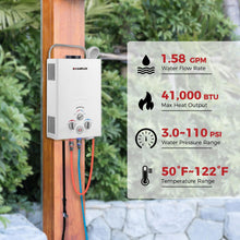 Load image into Gallery viewer, CAMPLUX Propane Portable Water Heater 1.58 GPM, On Demand Tankless Water Heater Gas, White,BW158