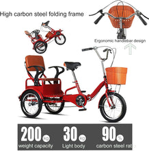 Load image into Gallery viewer, Red, Style 2, Adult Tricycle,16 inch 3-Wheels Trike Bicycle Lightweight Foldable Bikes for The Elderly, Human-Powered Pedal Tricycle