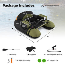 Load image into Gallery viewer, Goplus Inflatable Float Tube, Fishing Belly Boat with Fish Ruler, Pump, Storage Bag, Adjustable Straps, Fishing Float Tube for Angling, 350LBS Load Capacity (Green+Grey, Thickened,W/Rod Holder)