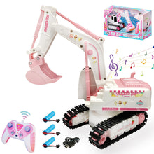 Load image into Gallery viewer, Pink RC Excavator, 6 Channel 2.4Ghz RC Construction Vehicle, 1:24 Scale Pink Excavator Toy with 360° Rotation, Light Sound and DIY Stickers
