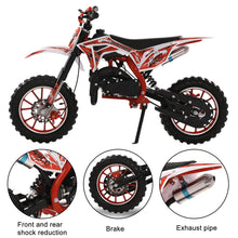 Load image into Gallery viewer, 49cc Kids Dirt Bike - 2-Stroke Mini Motorcycle with Disc Brakes, Shock Absorption, Soft Seat Cushion and Off-Road Tires