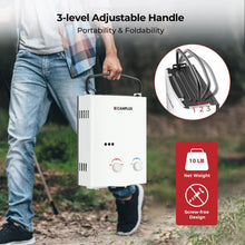 Load image into Gallery viewer, CAMPLUX 5L Portable Tankless Water Heater, 1.32 GPM Outdoor Propane Shower for Camping, RV, Off-Grid, Instant Hot Water with Folding Handle, Overheat Protection, Low Pressure Startup, AY132, White