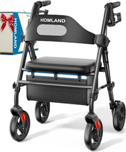 Load image into Gallery viewer, HOMLAND Foldable Rollator Walkers with Seat for Seniors, 8'' Big Wheels, 350 lb. Weight Capacity, Adjustable Handles and Seat Height, Lightweight Rolling Walker, Black