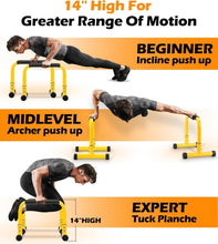 Load image into Gallery viewer, TABEKE Push Up Bar, 14'' High Steel Parallettes & Dip Bar (Yellow)