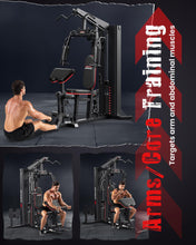 Load image into Gallery viewer, Sportsroyals Home Gym, Multifunctional Workout Station with 150LBS Weight Stack, Full Body Workout Machine with Pulley System for Strength Training (Black red)