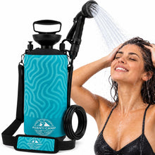 Load image into Gallery viewer, AVANTI CAMP 2.1 Gallon Pressurized Portable Camping Shower | 10-Mode Spray Head | Premium Neoprene Insulated Sleeve & Padded Shoulder Strap | Rinse Kit for Surf, Sand, RV, Road Trips & Pets |Blue