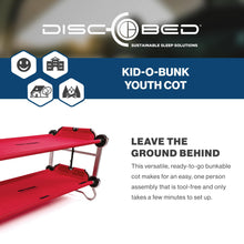Load image into Gallery viewer, Disc-O-Bed Youth Double Cot Kid-O-Bunk, Modular for Bunk Beds, Dual Cots, or Bench with 2 Carry Bags for Portable Transport, Red